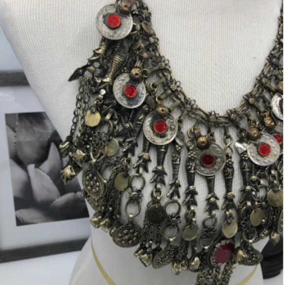 Ethnic Oversized Choker Necklace With Glass Stones and Dangling Tassels - Picture 3 of 6